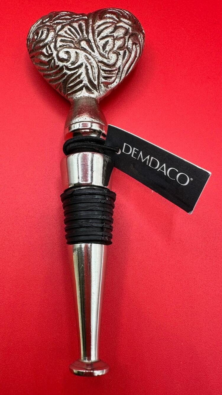 Demdaco Heart Of Aluminum Ornate Design Silicone Seal Wine Bottle Stopper NEW 6"